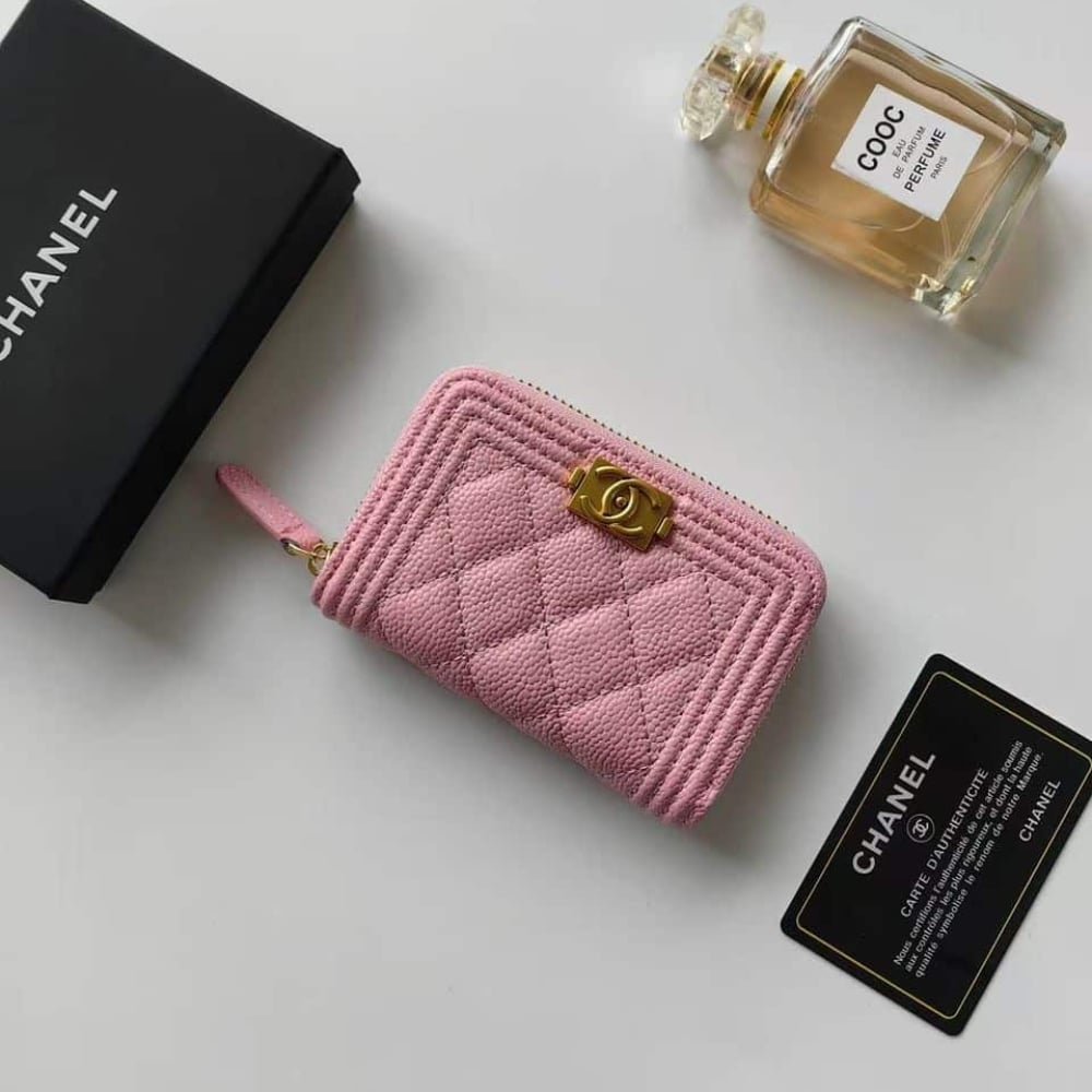 Ch**el Boy Flap Card Holder Wallet Gold Pink 11Cm A80603 B10211 Nm370