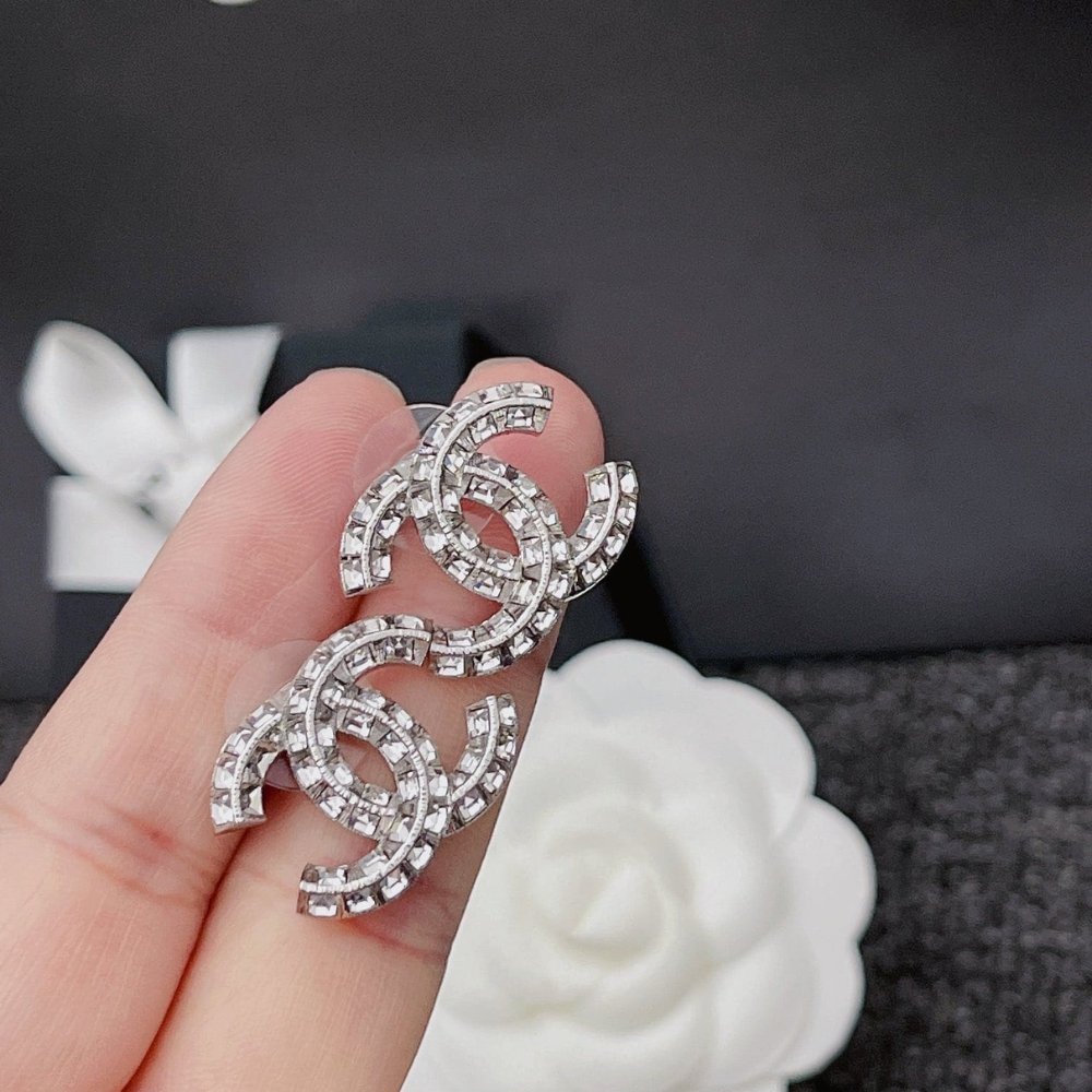 Ch**el Cc Crystal Stud Earrings Metal Silver