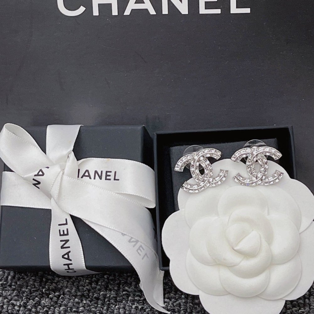 Ch**el Cc Crystal Stud Earrings Metal Silver