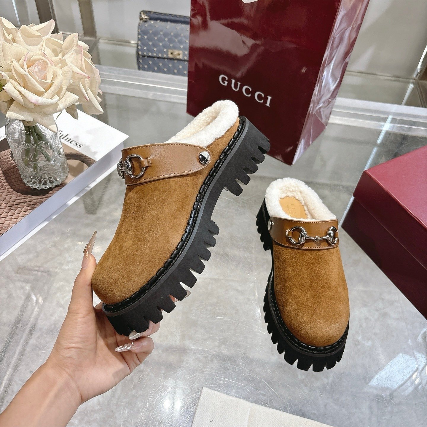 Gvc*1 Horsebit Shearling Mules In Brown Suede