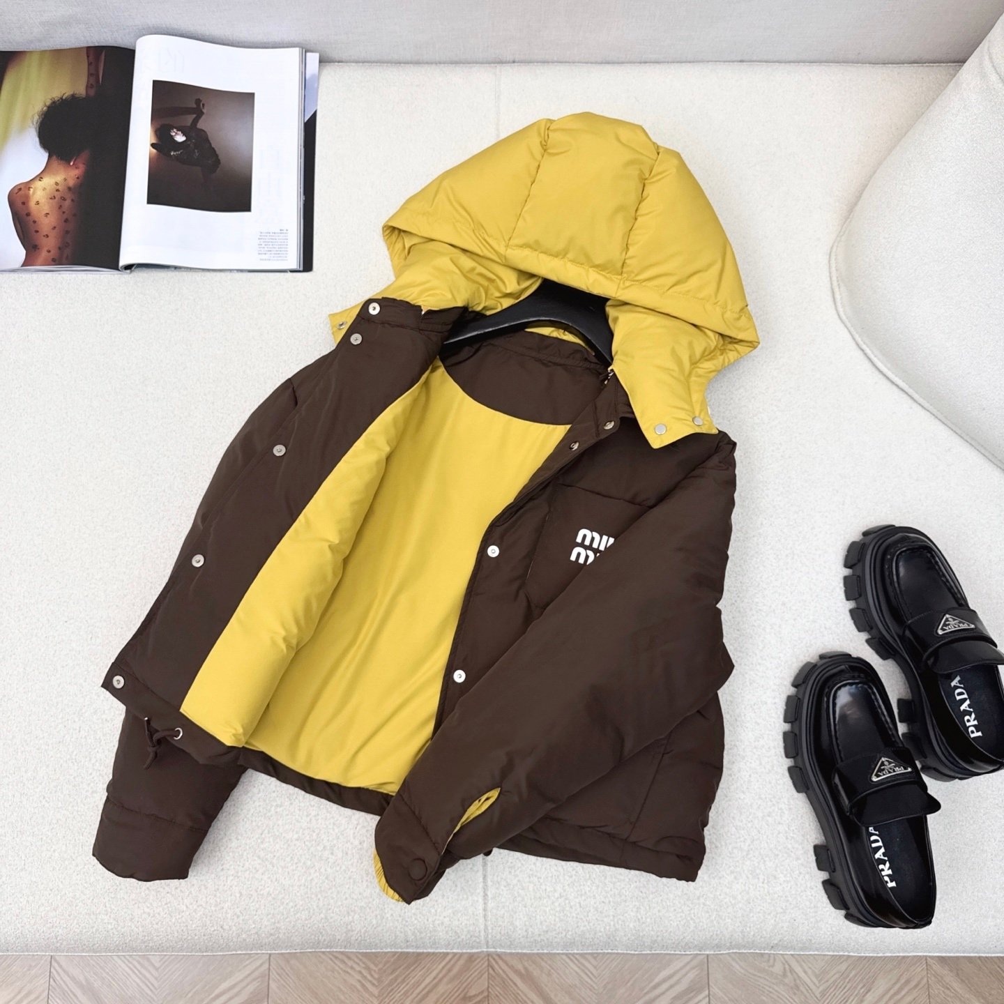 M1um1u Technical Ponge Down Hoodie Jacket Coffee Ml1315 1720 F045I S Ooo