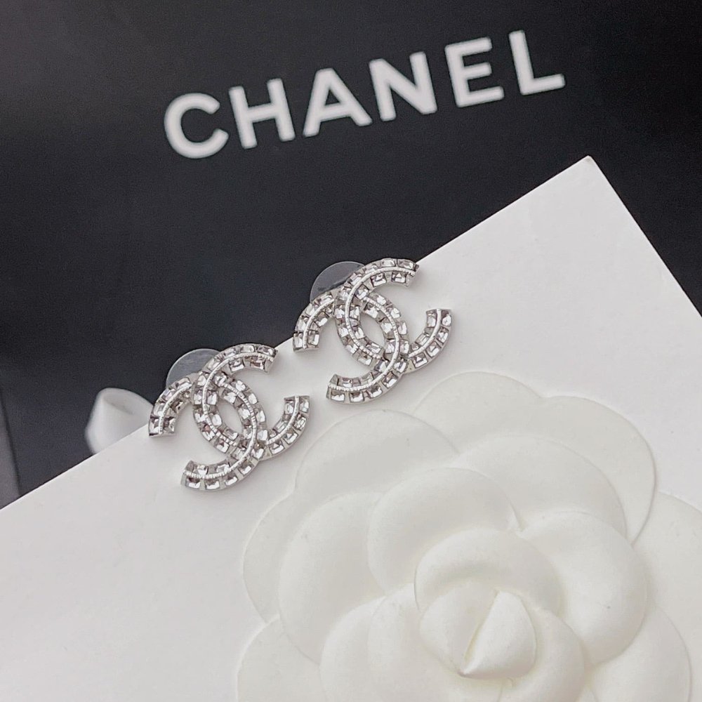Ch**el Cc Crystal Stud Earrings Metal Silver
