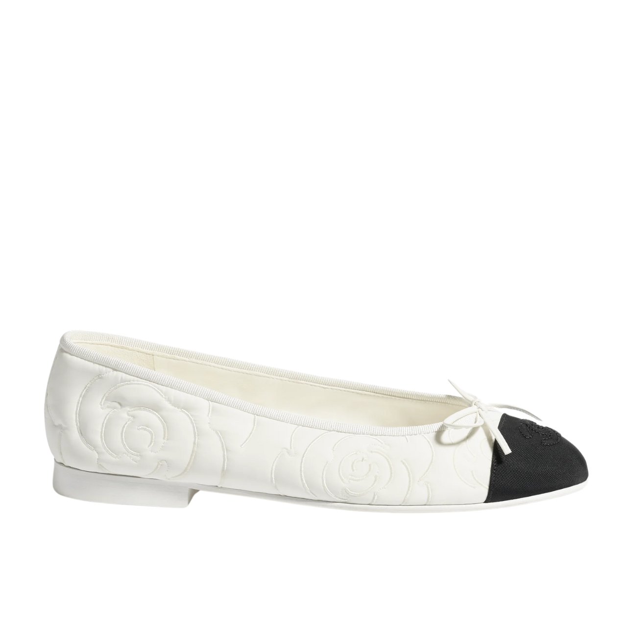 Ch**el Ballet Flats Embroidered Fabric And Grosgrain White Black G02819 B21026 U1898
