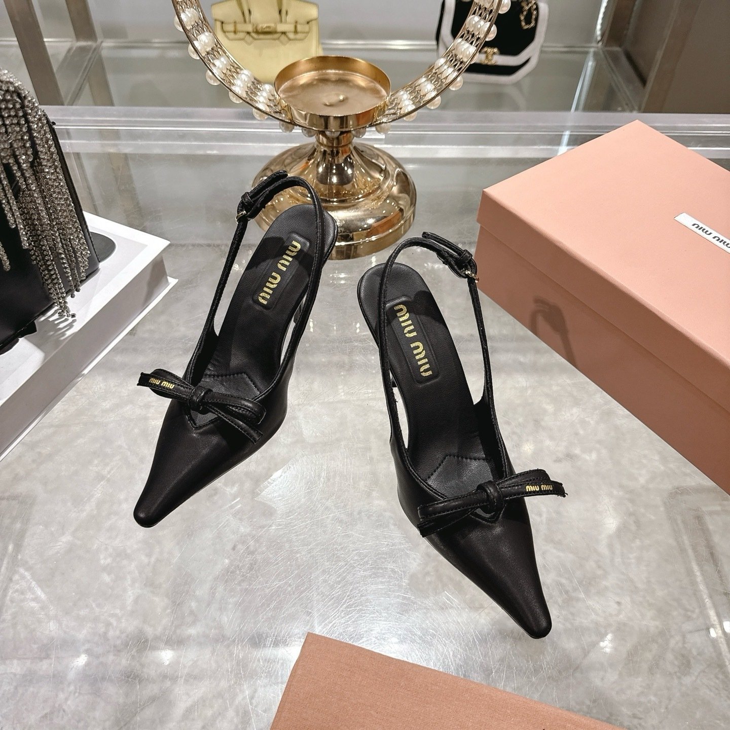Miu Miu Leather Slingback Pumps With Bow Black 5I474E 79N F0002 F 105