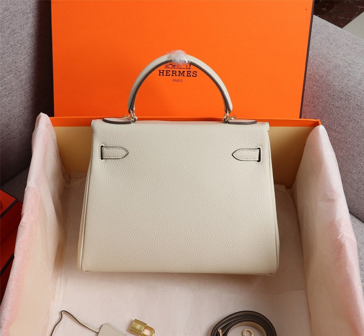 H**me5 Kelly White Sellier Rouge Epsom Gold Hardware 25Cm
