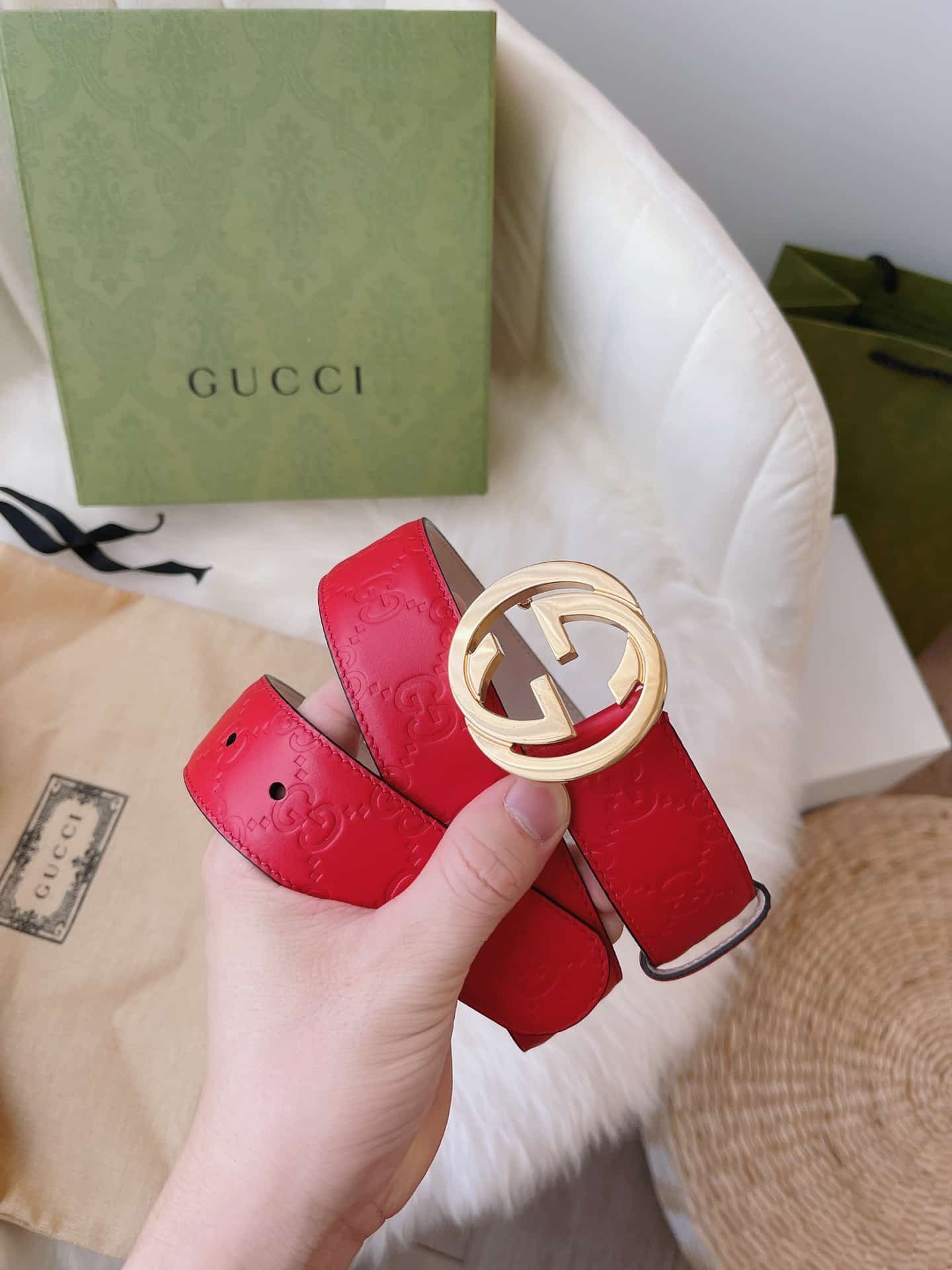 Gvc*1 Calfskin Monogram Red Belt Gold Metal 3.5Cm
