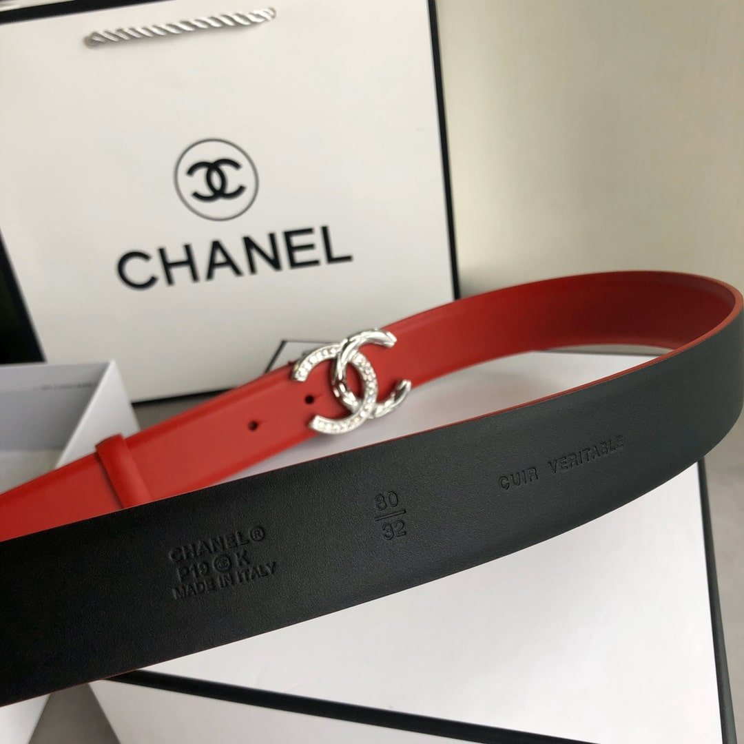 Ch**el Leather Belt With Cc Pearl And Silver Tone Metal Red 3Cm