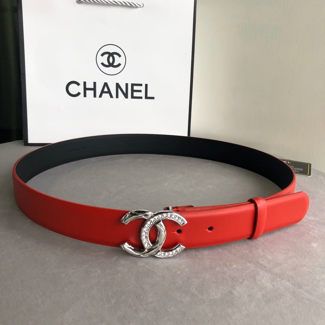 Ch**el Leather Belt With Cc Pearl And Silver Tone Metal Red 3Cm