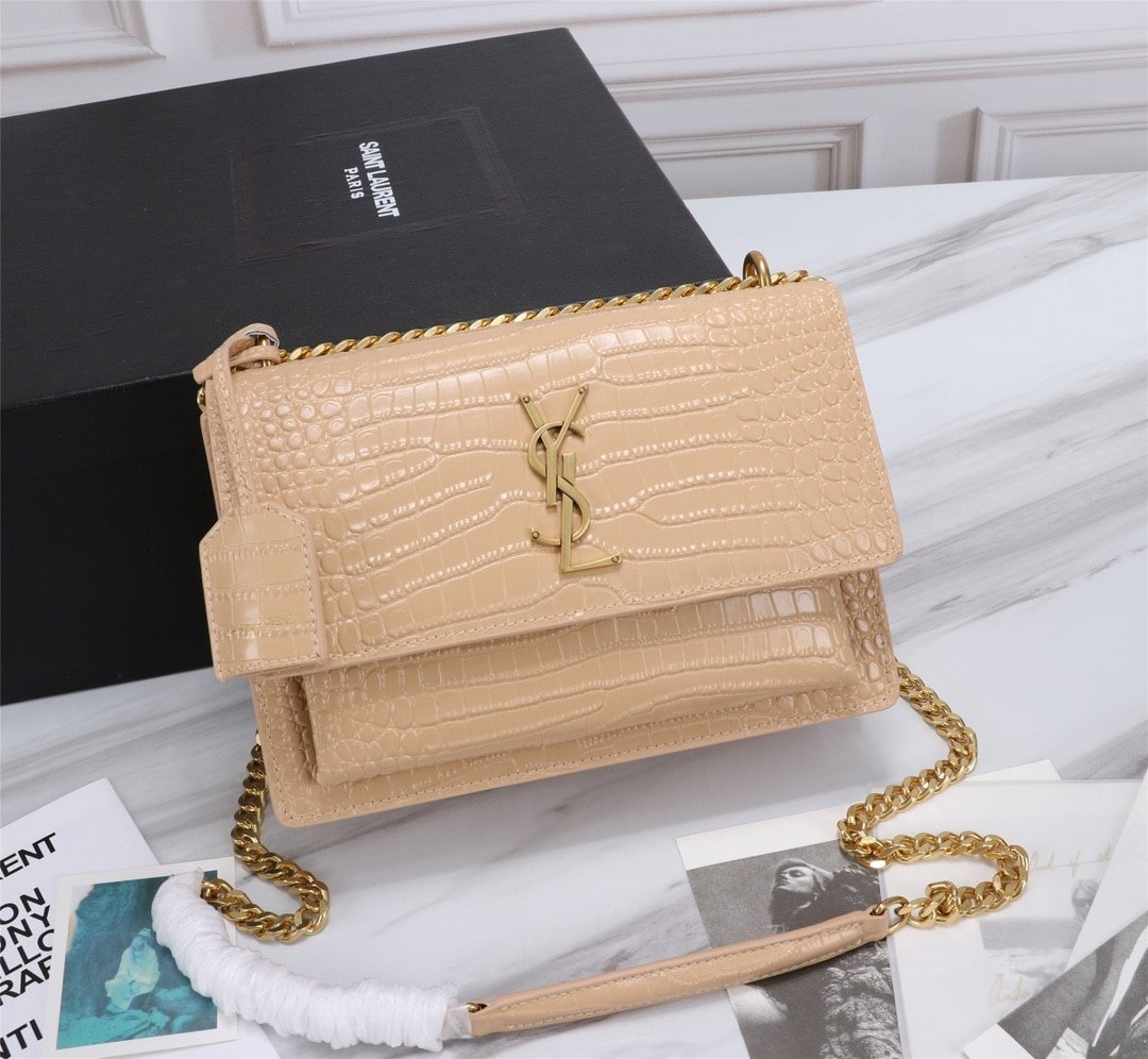 Sa1nt Lau*nt Sunset Medium Chain Bag In Crocodile Embossed Shiny Apricot 22Cm 442906Dnd0N9207