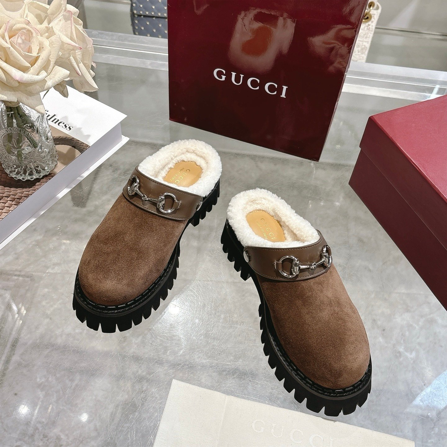 Gvc*1 Horsebit Shearling Mules In Dark Brown Suede