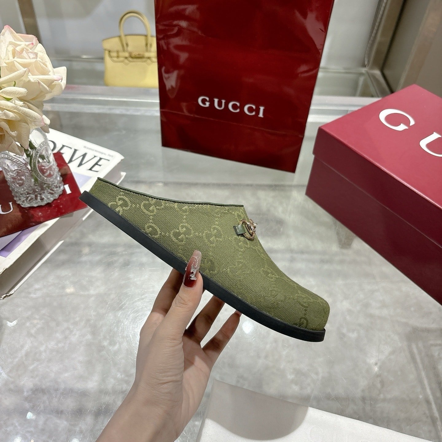 Gvc*1 Women Mule With Horsebit Dark Green Gg Canvas 837130 Fab10 3046