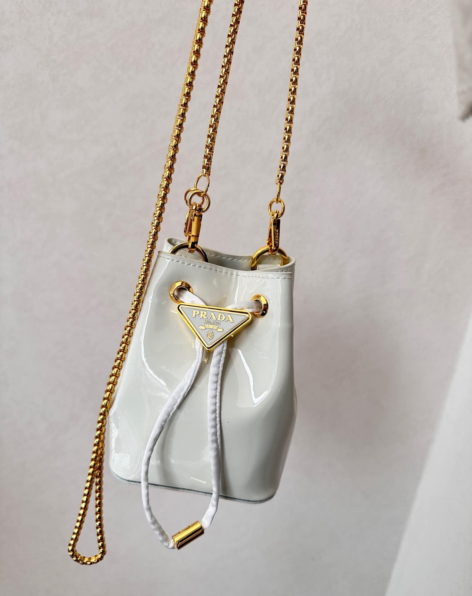 Pra*a Patent Leather Mini Pouch White 14Cm