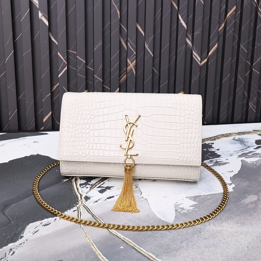 Sa1nt Lau*nt Kate Medium Chain Bag With Tassel In Crocodile-Embossed Shiny White 354119Dnd0J9207