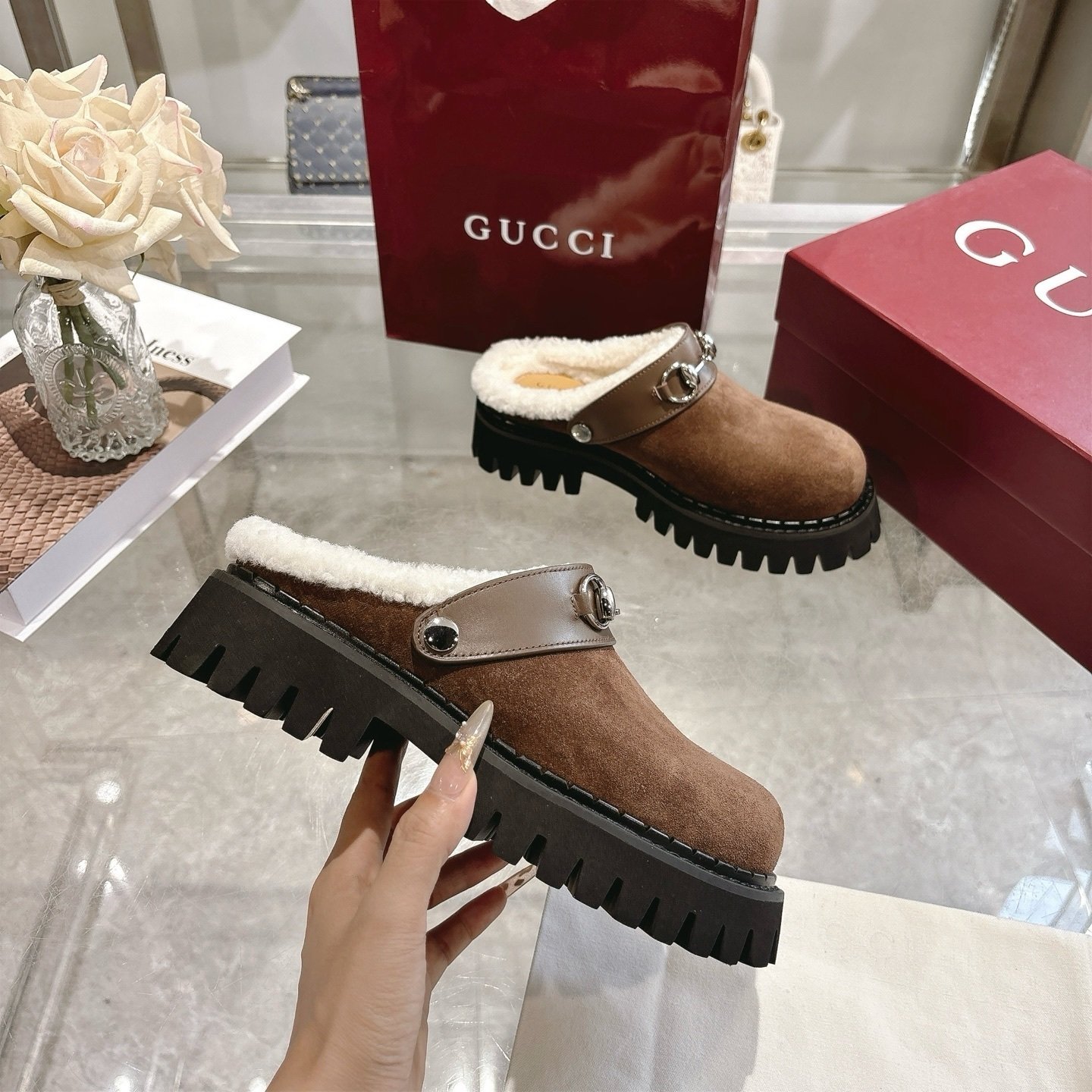 Gvc*1 Horsebit Shearling Mules In Dark Brown Suede