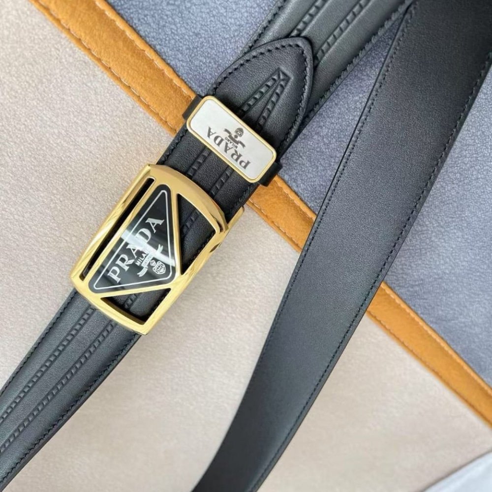 Pra*a Saffiano Leather Belt Gold Hardware In Black