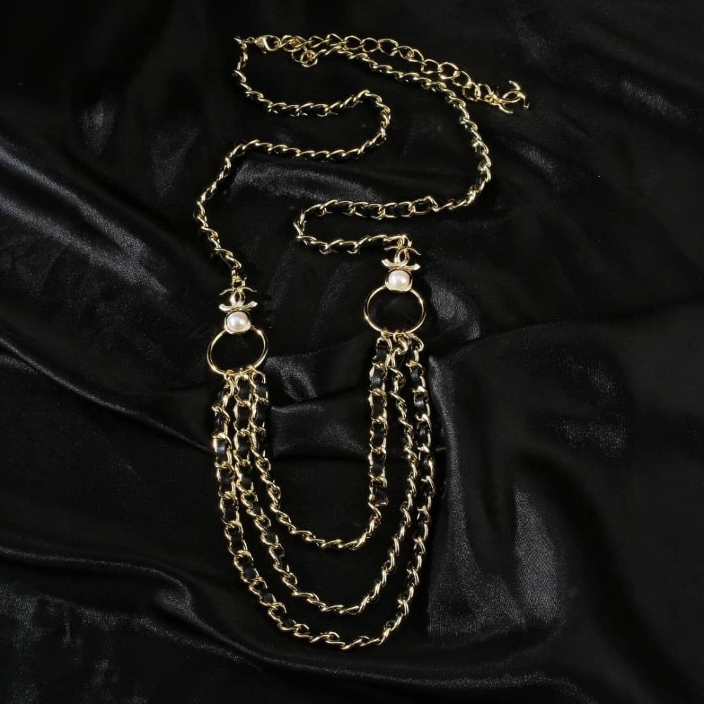 Ch**el Cc Chain Faux Pearls Belt Gold Black
