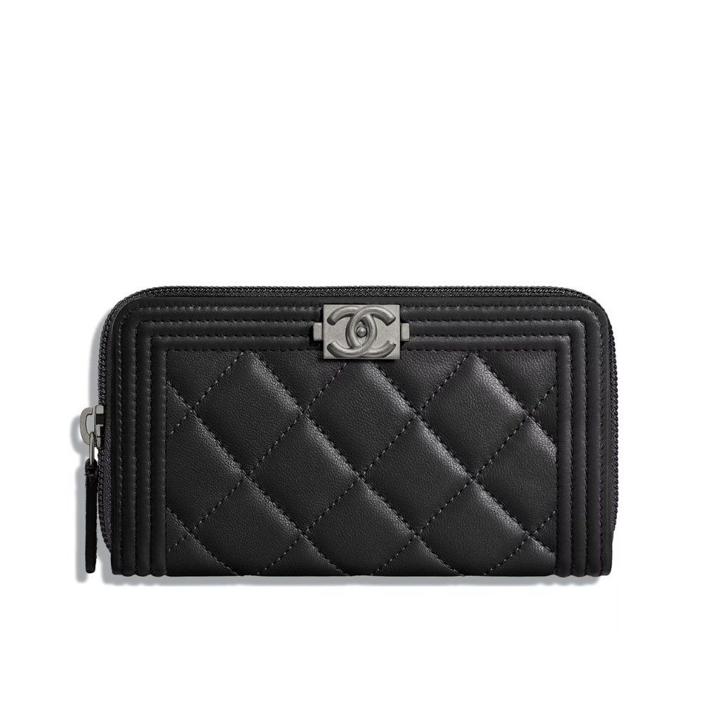 Ch**el Boy Long Zipped Wallet Silver Hardware Black 19Cm