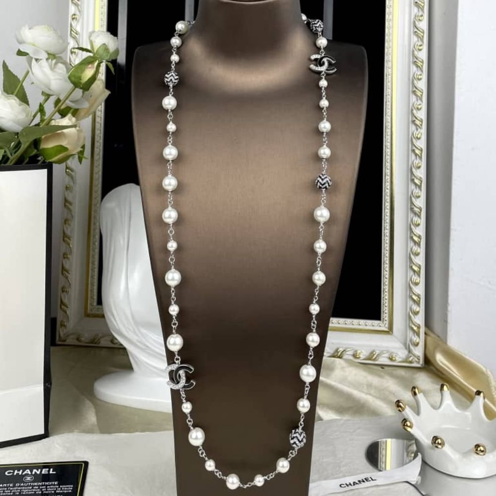 Ch**el Pearl Necklace with Interlocking CC Logos Charms