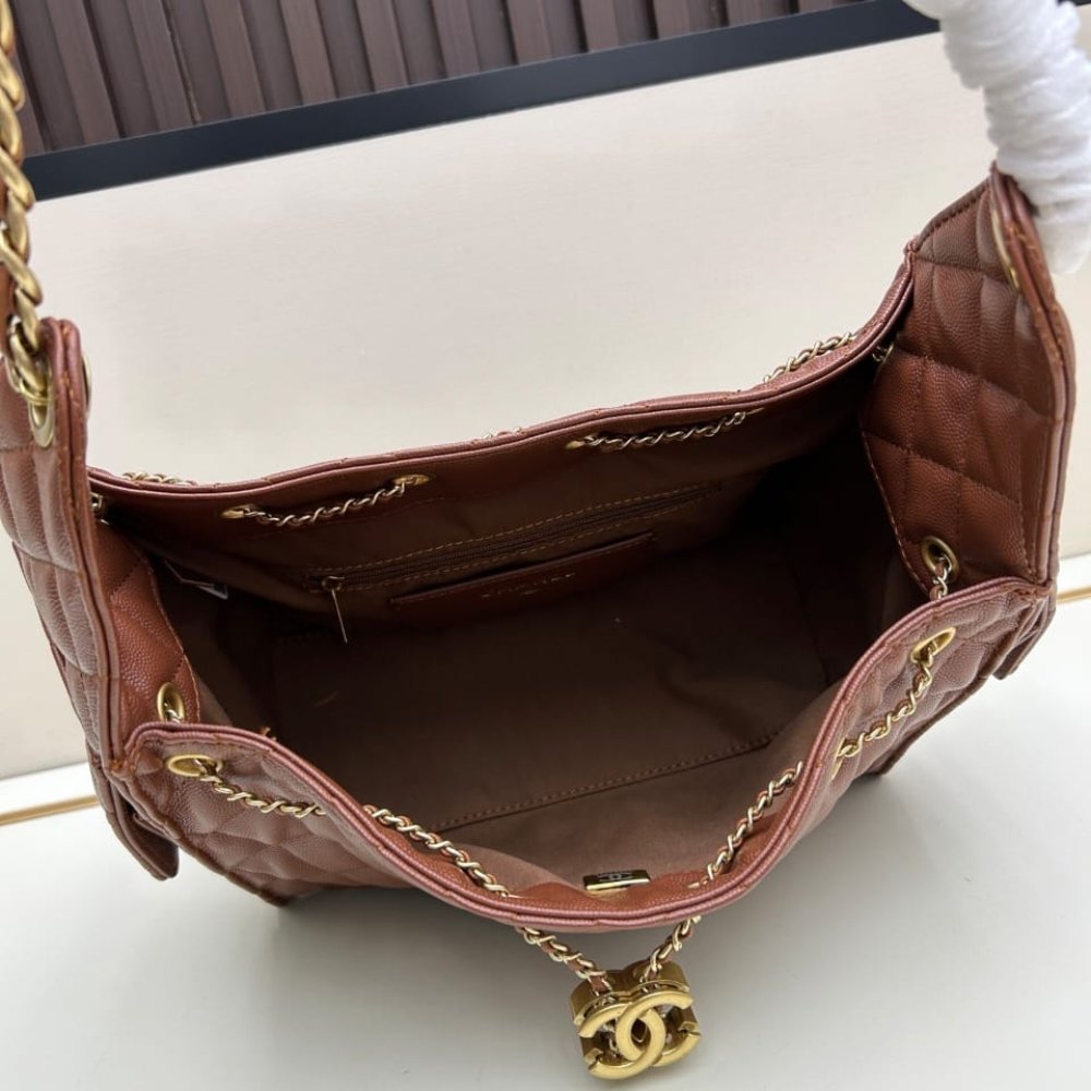 Ch**el 25 Small Handbag Grained And Gold Tone Metal Brown 26Cm As5293 B20304 U1192