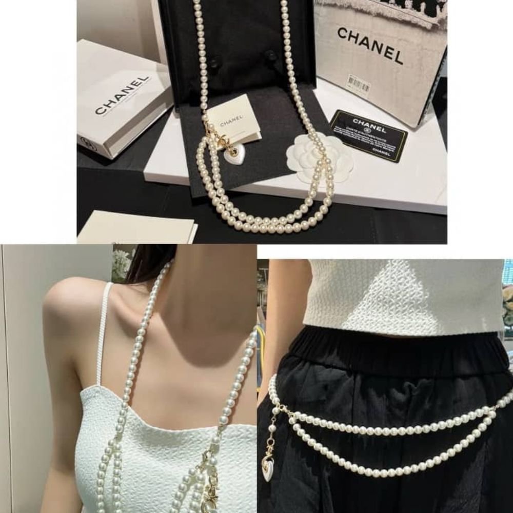 Ch**el Double Strand Pearl Necklace with Heart Shaped Charm