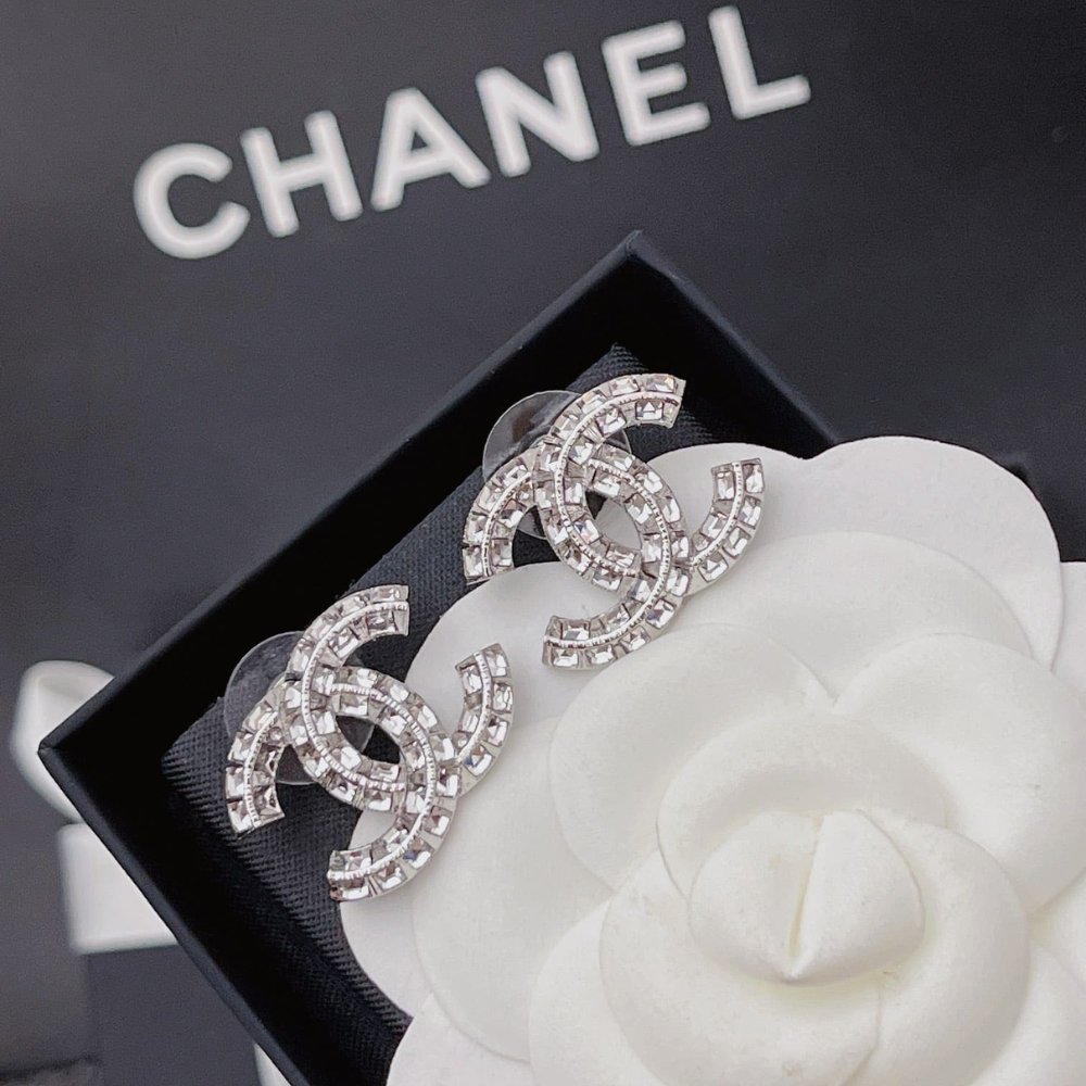 Ch**el Cc Crystal Stud Earrings Metal Silver