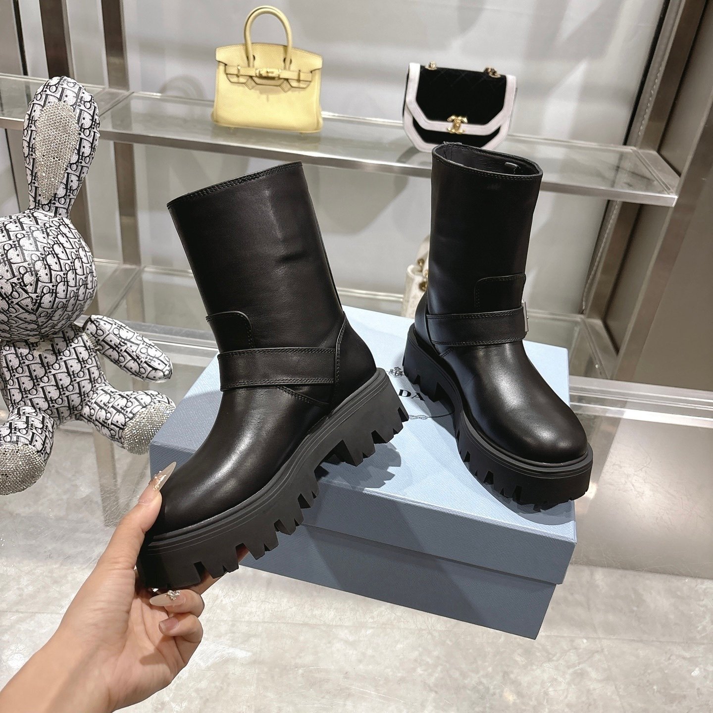 Pra*a Leather Booties Black 1U187O Uze F0002 F 050