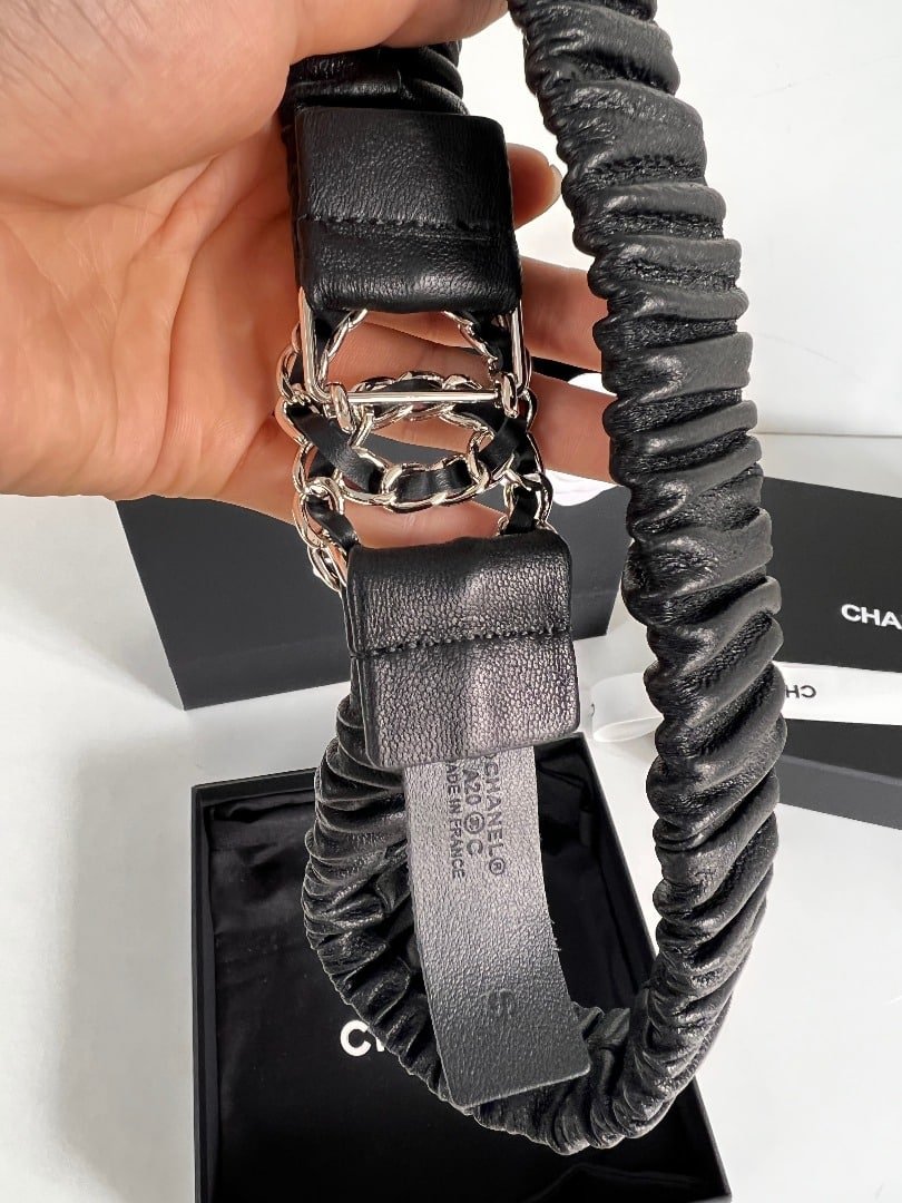 Ch**el Cc Elastic Belt Leather With Silver Metal 30Mm