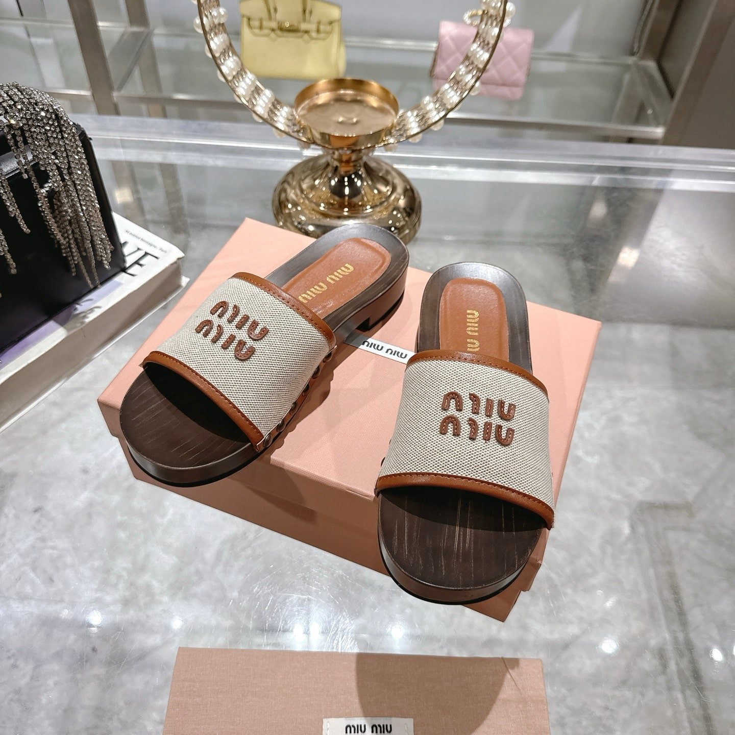 Miu Miu Canvas And Leather Clogs Beige 5Z445E Q1D F062F F 030