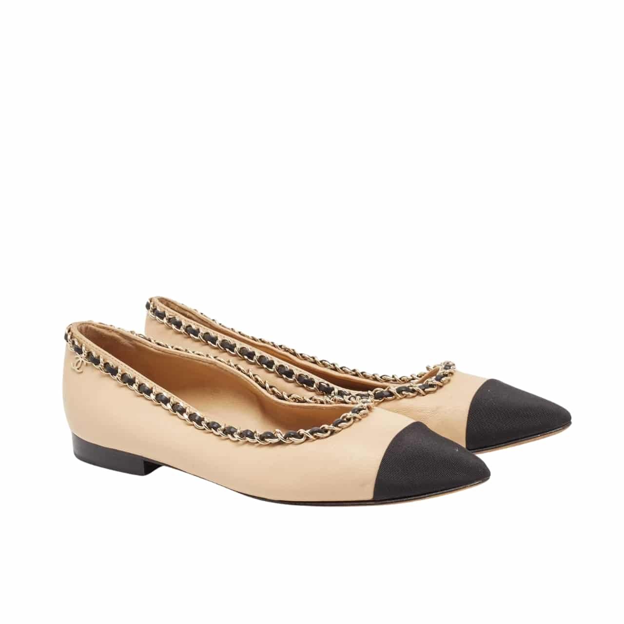 Ch**el Leather And Fabric Cc Chain Link Ballet Flats Beige And Black
