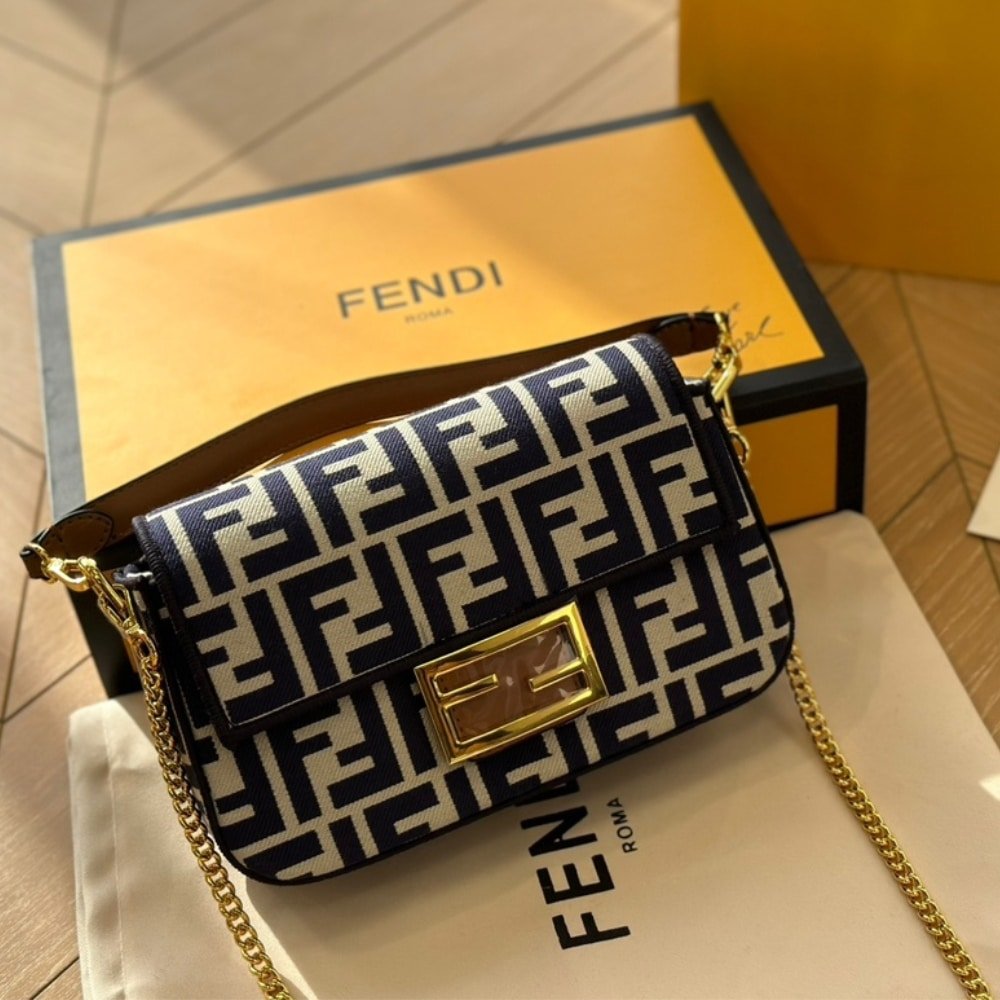 F**di Baguette Mini FF Jacquard Fabric Bag Navy Blue 21Cm