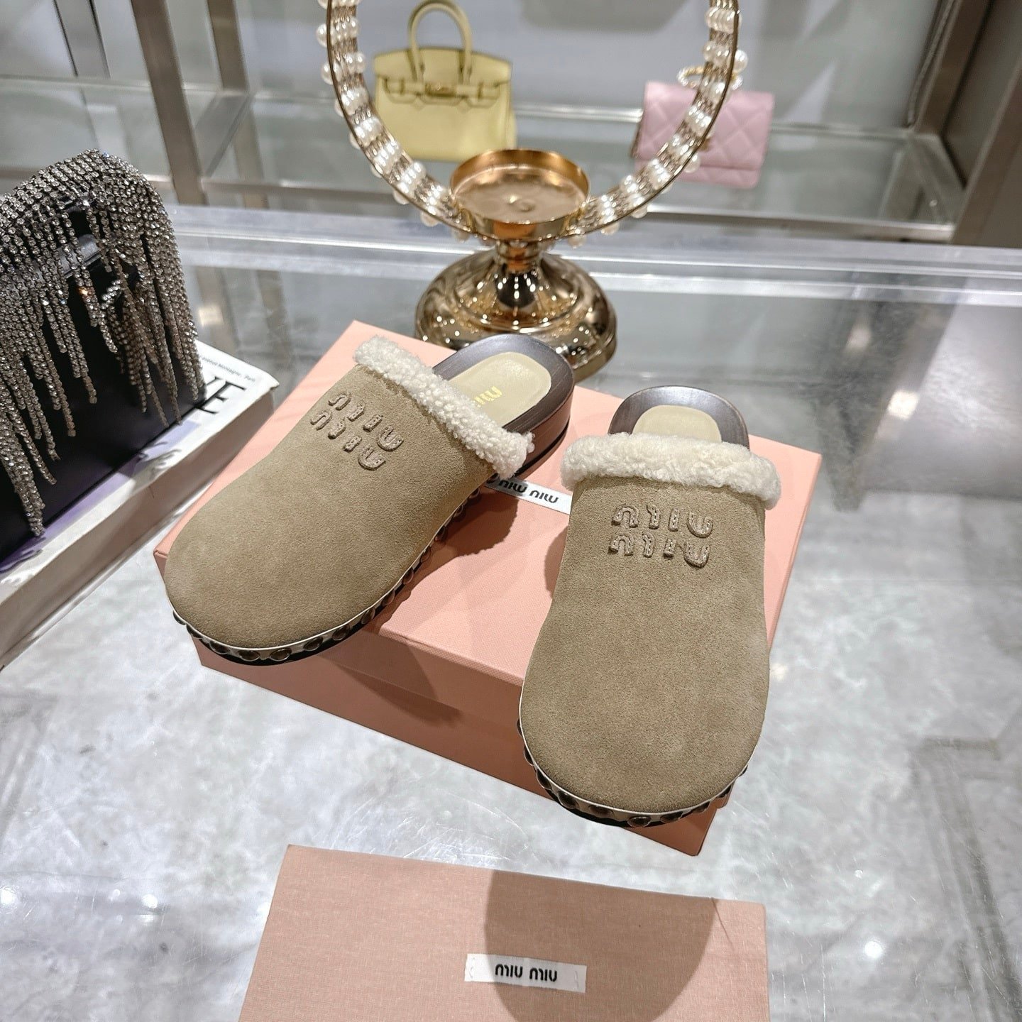 M1um1u Suede Clogs Beige