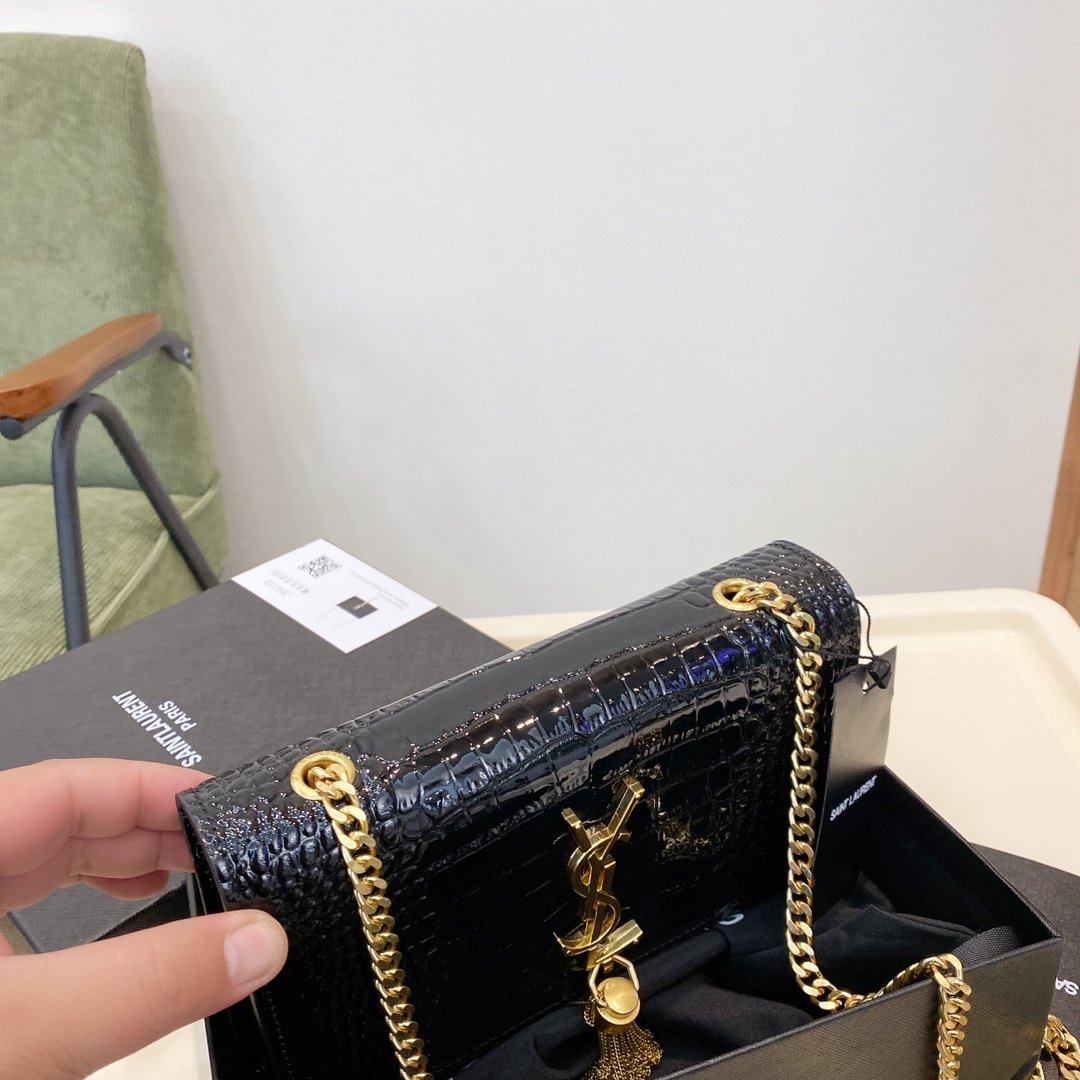 Sa1nt Lau*nt Kate Medium With Tassel In Shiny Crocodile Embossed Leather Black 22Cm 354119Aaay14083