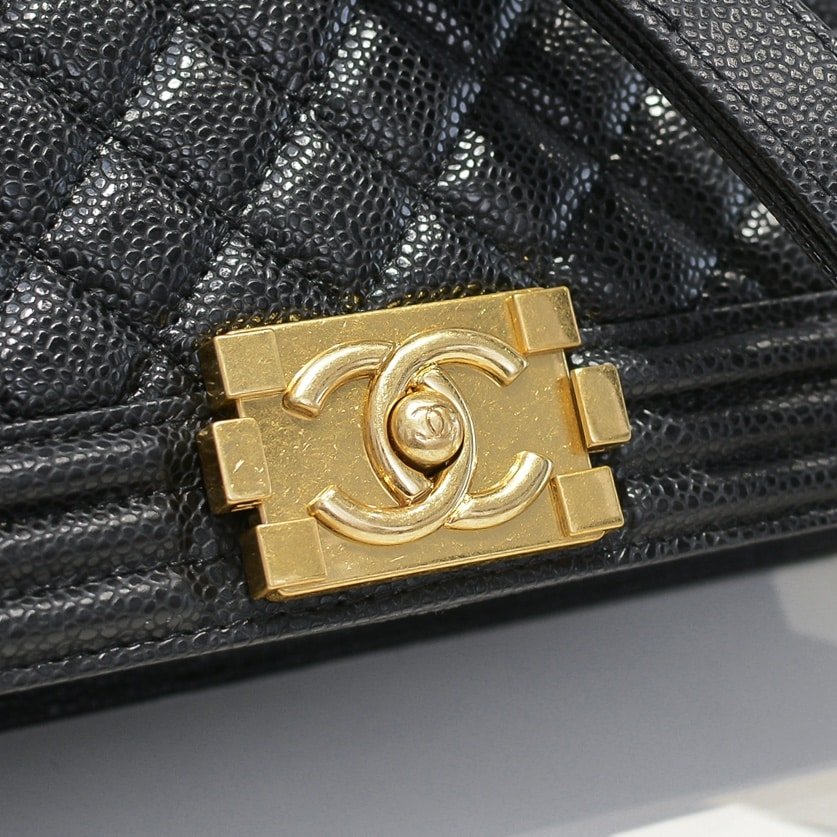 Ch**el Boy Medium Handbag Grained And Gold Tone Metal Black 25Cm