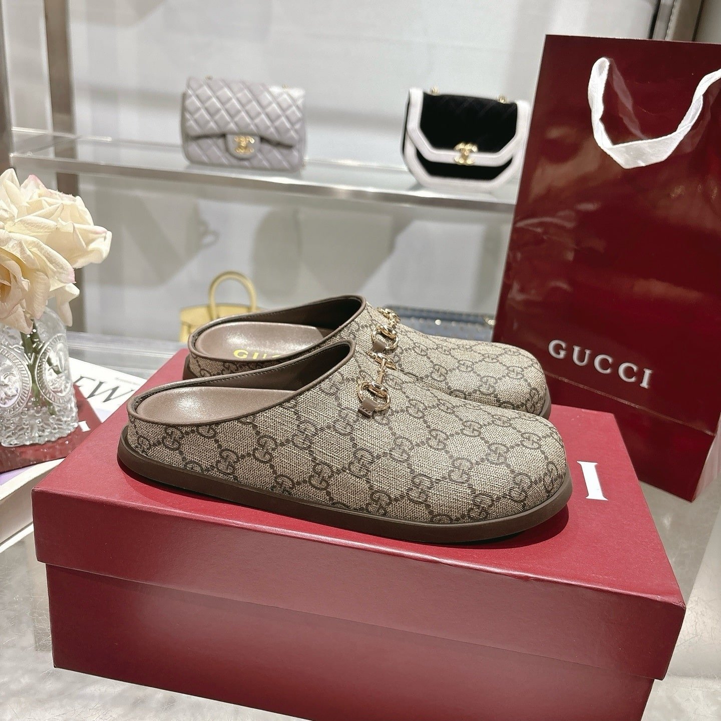 Gvc*1 Women Mule With Horsebit Camel And Dark Brown Gg Canvas 837130 Fab10 2543