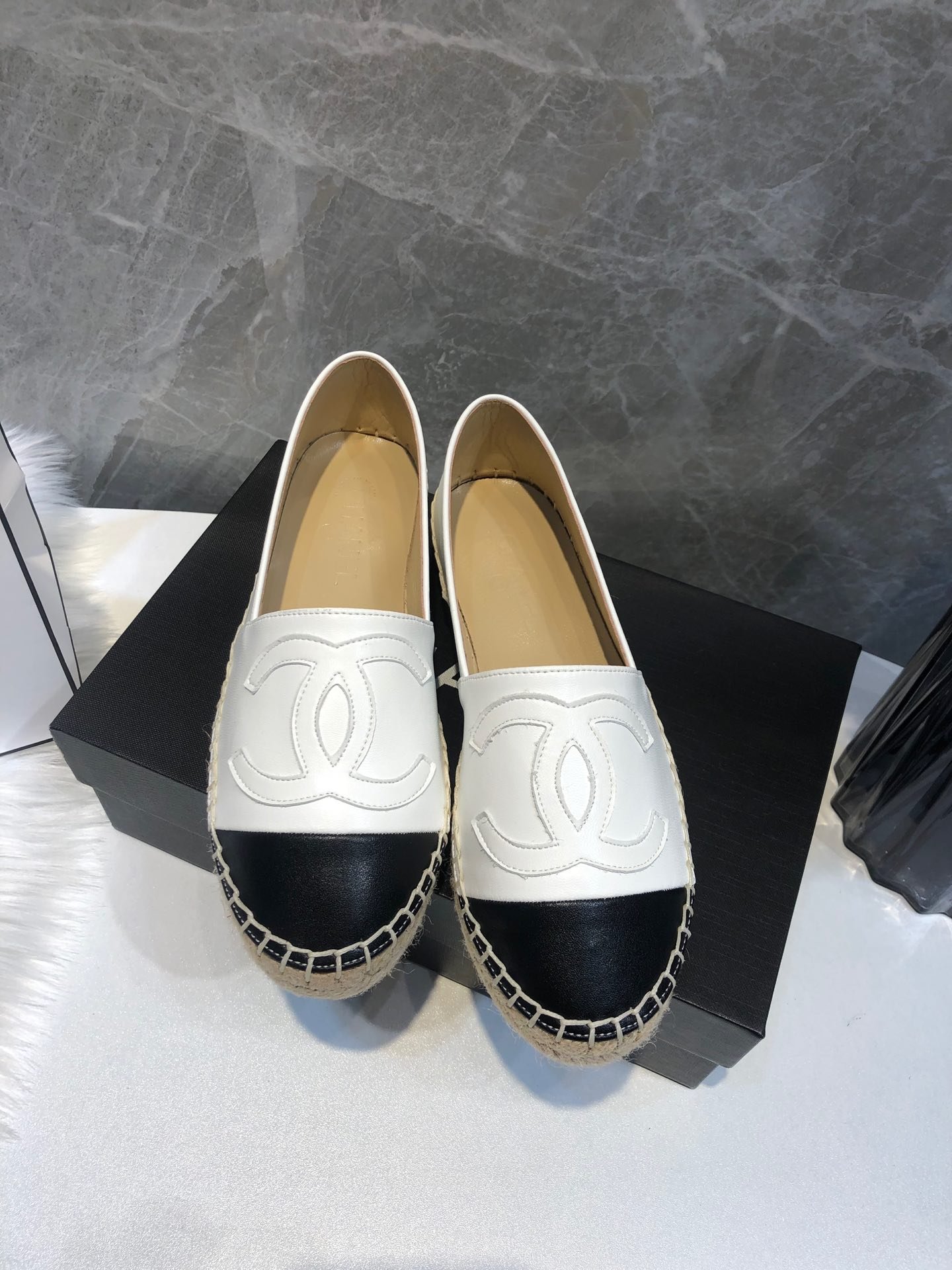 Ch**el Embroidered Espadrille Leather Black Cap Toe Flats White Cc