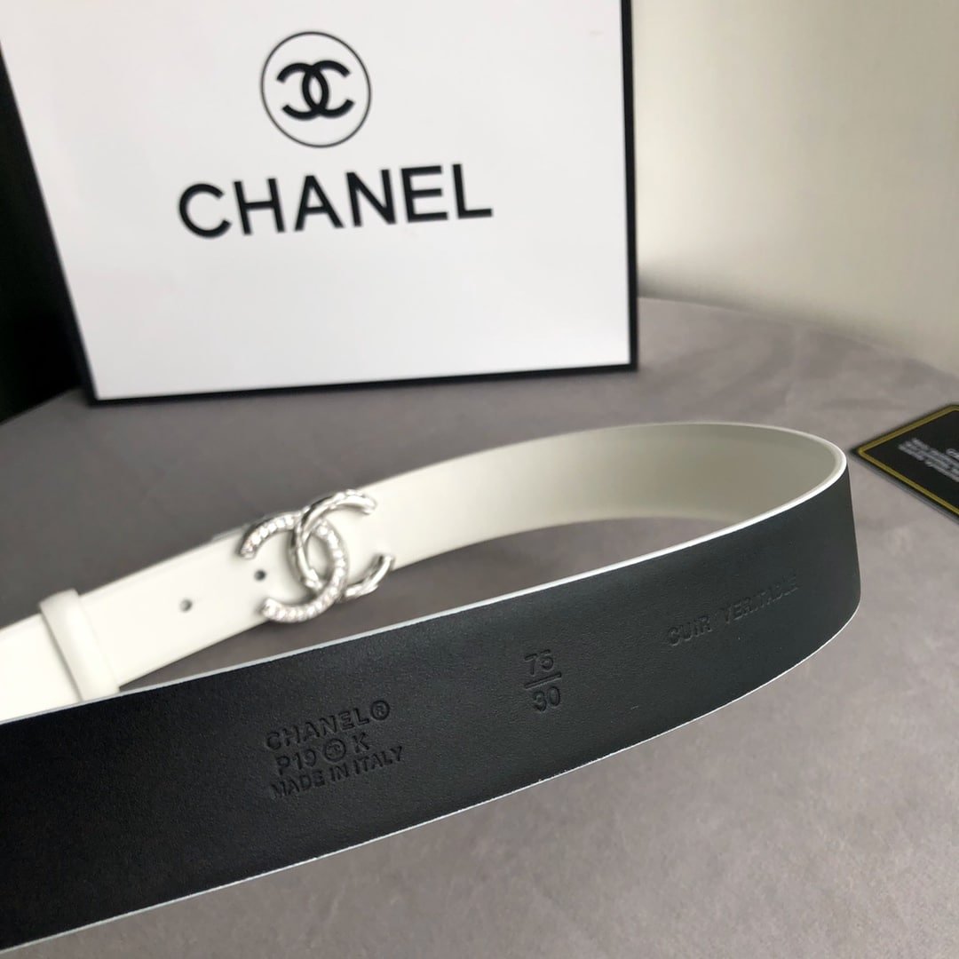 Ch**el Leather Belt With Cc Pearl And Silver Tone Metal White 3Cm