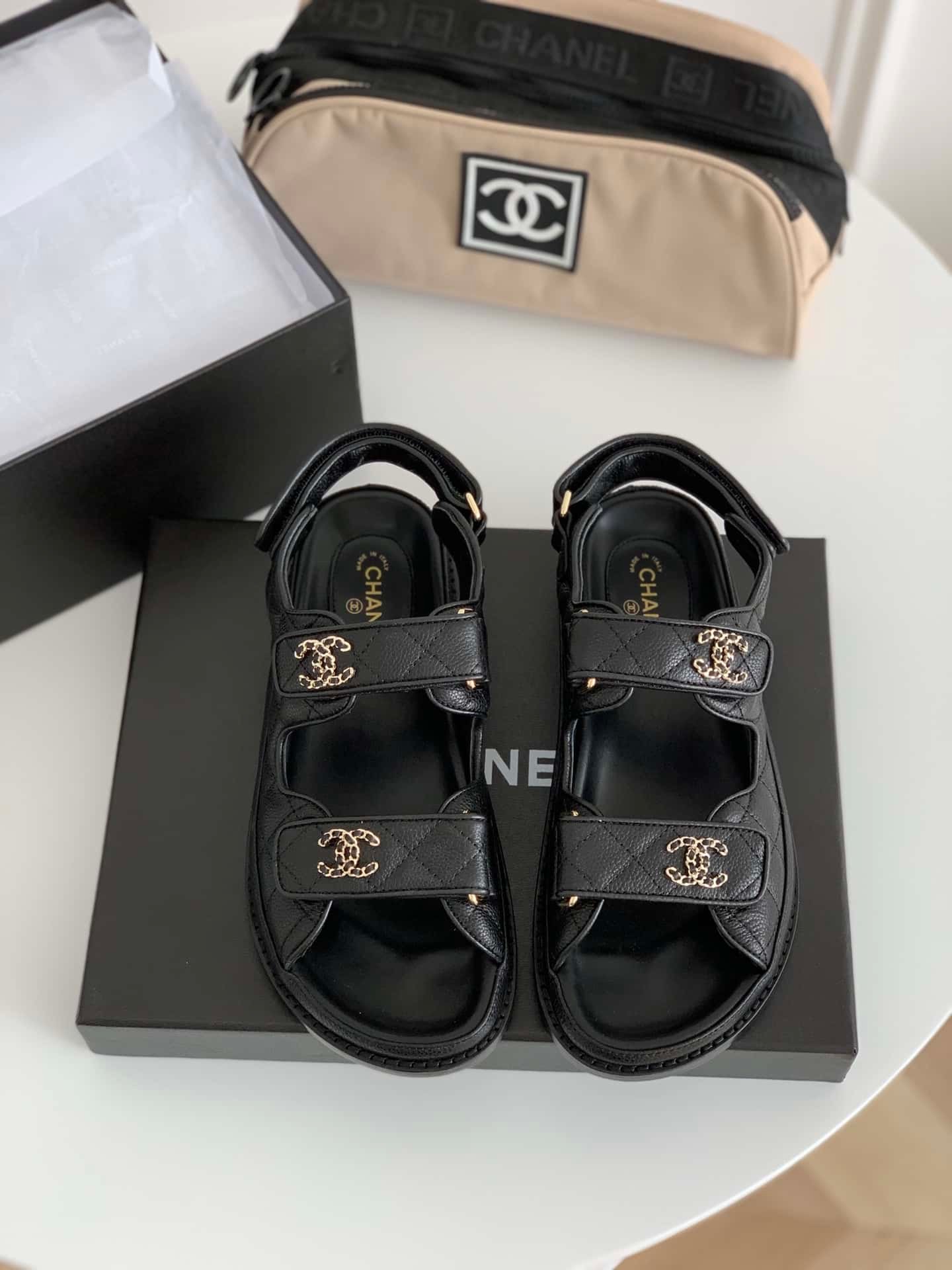 Ch**el Cc Button Velcro Black Sandals Grained Calfskin Leather