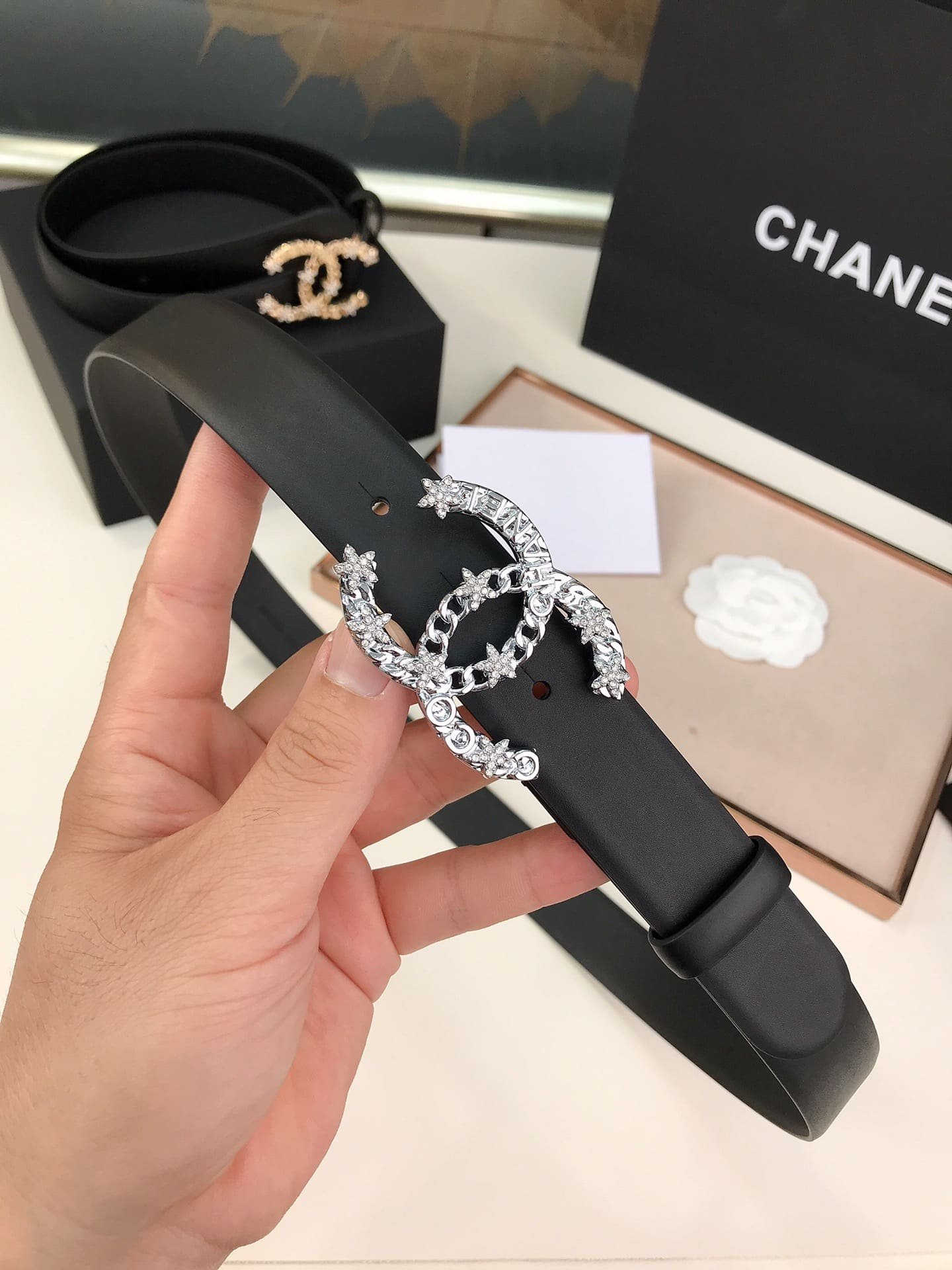 Ch**el Pearls Crystal Sliver Black Belt 28Mm
