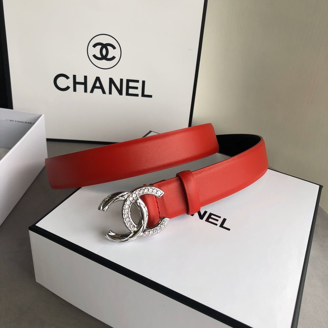 Ch**el Leather Belt With Cc Pearl And Silver Tone Metal Red 3Cm