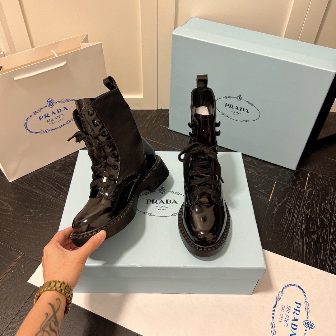 Pra*a Brushed Leather And Re Nylon Boots Black 1T782M 3Lf7 F0002 F B050