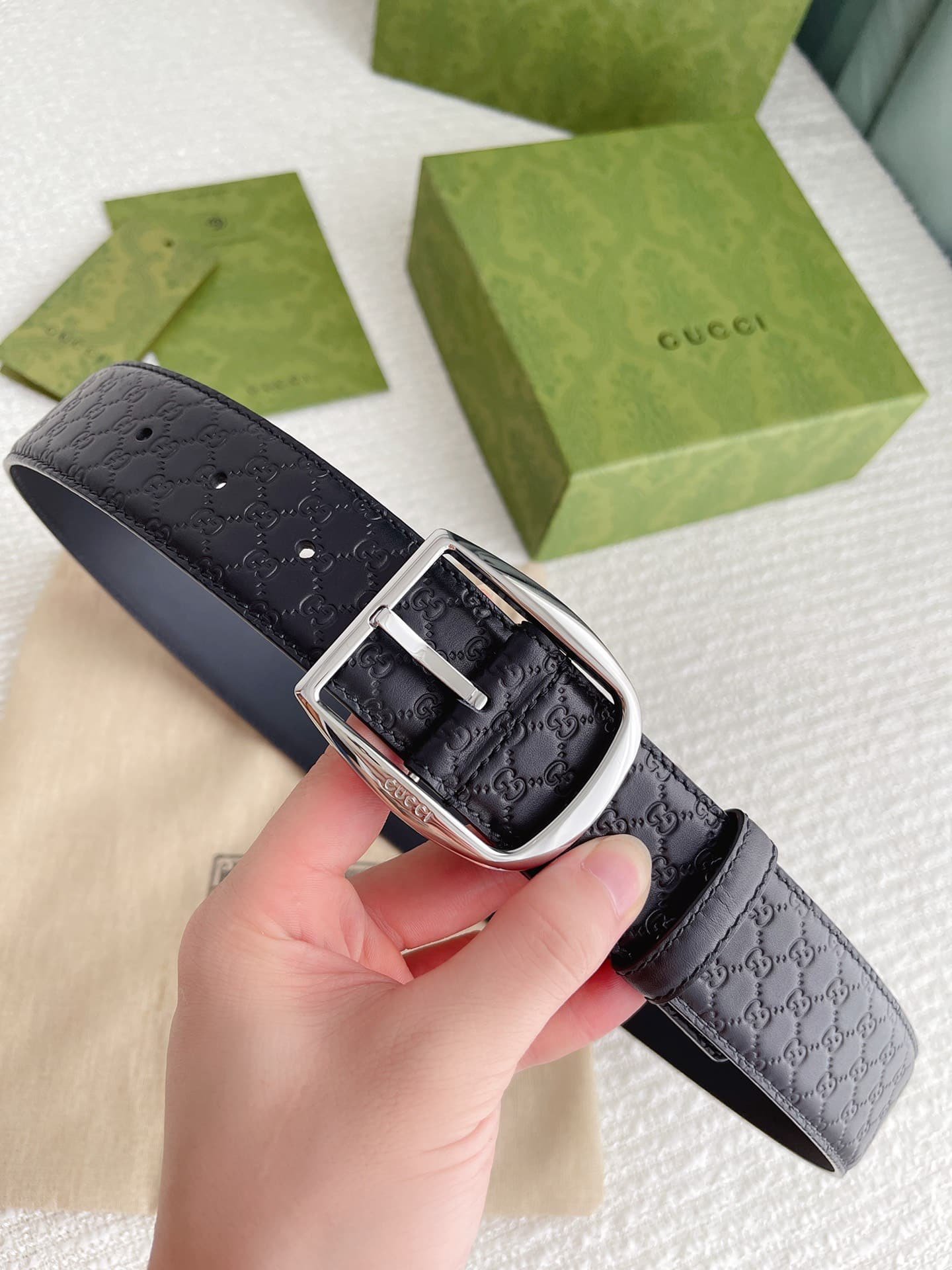 Gvc*1 Calfskin Monogram Black Belt Silver Metal 4Cm