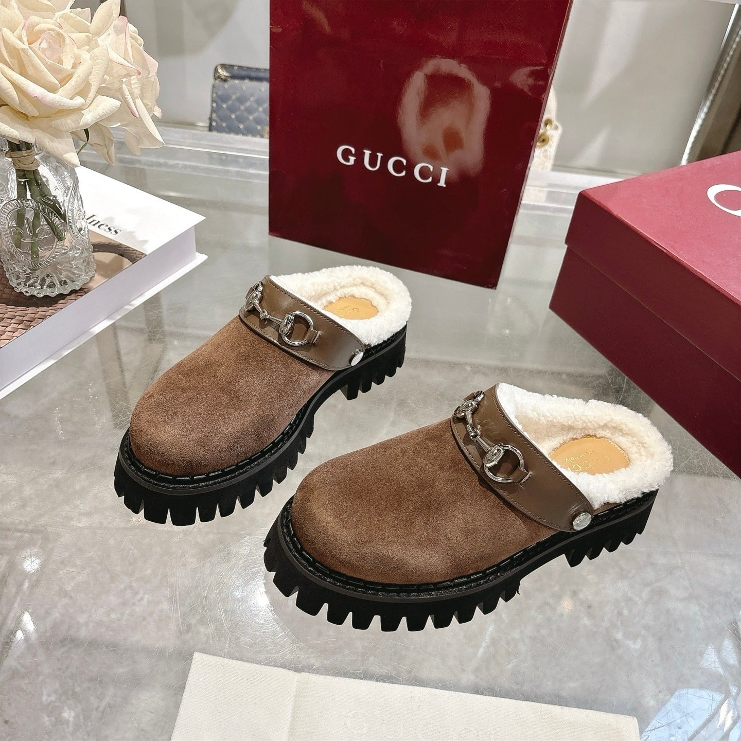 Gvc*1 Horsebit Shearling Mules In Dark Brown Suede