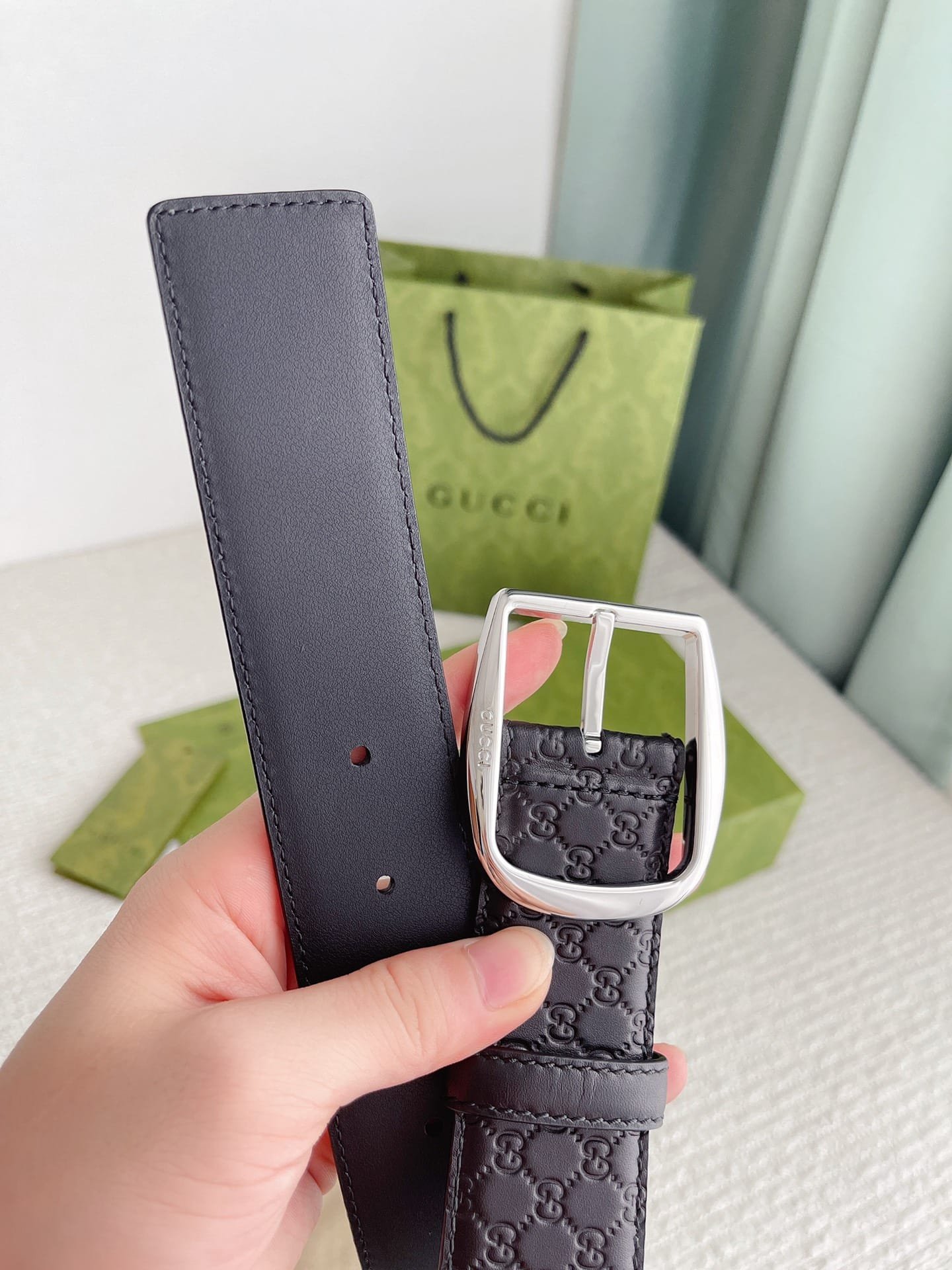 Gvc*1 Calfskin Monogram Black Belt Silver Metal 4Cm