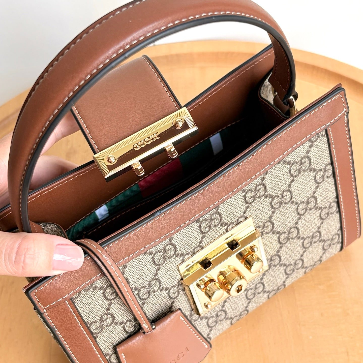 Gvc*1 Padlock Small Top Handle Bag Beige And Dark Brown 20Cm ‎‎841653 Fad6L 9758