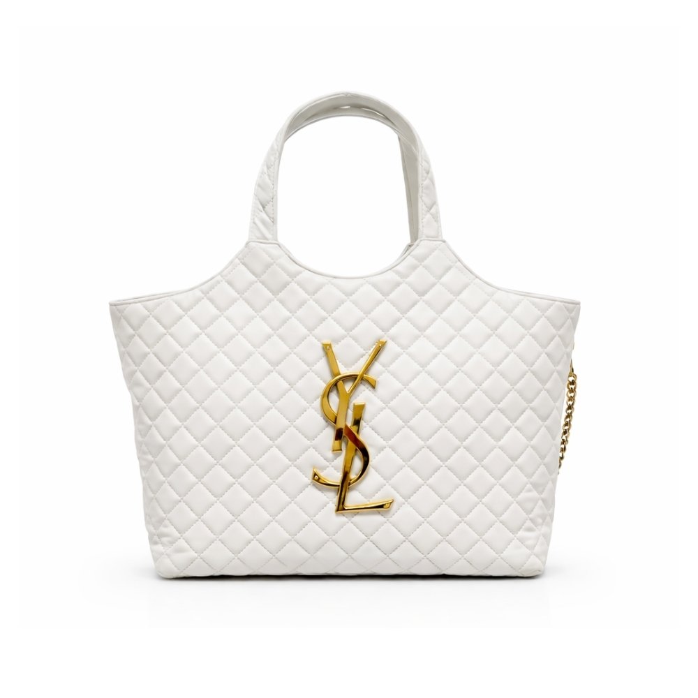 Sa1nt Lau*nt Icare Shopping Bag In Quilted Gold Hardware White 40Cm