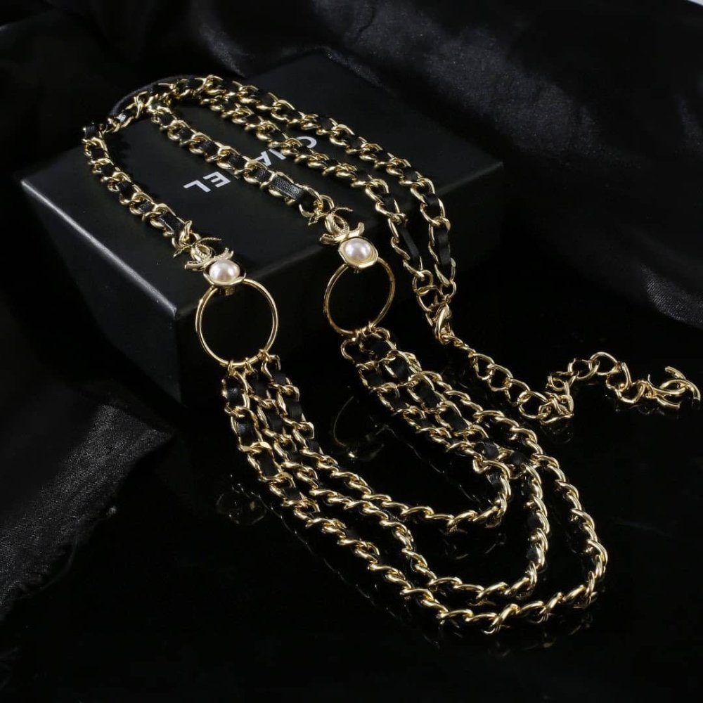 Ch**el Cc Chain Faux Pearls Belt Gold Black