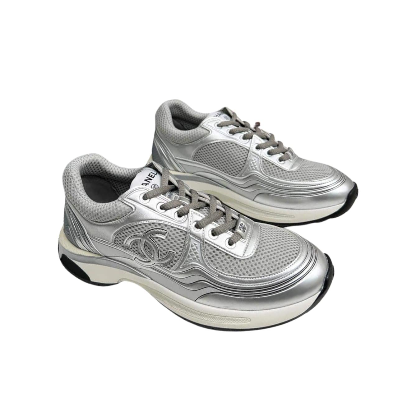 Ch**el 23C Silver Metallic Cc Logo Lace Up Flat Runner Trainer Sneaker Gray