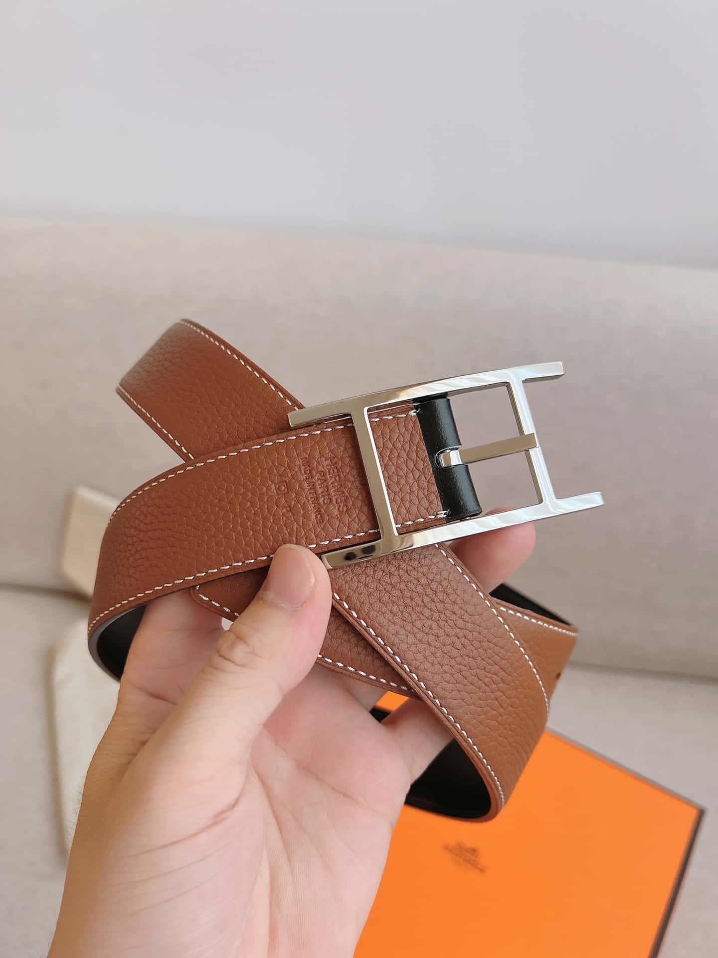 H**me5 Quentin Reversible Belt Brown Silver Metal 32Mm