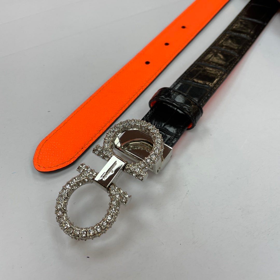 Salvatore Ferragamo Gancini Leather Belt With Silver Metal Pearls Buckle 2.5Cm