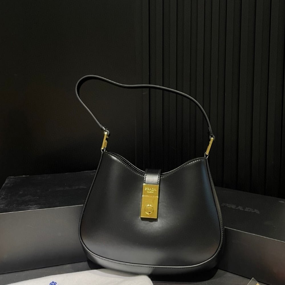 Pra*a Cleo Brushed Leather Shoulder Bag With Clasp Closure Black 26Cm 1Bc169 Zo6 F0632 V Meo